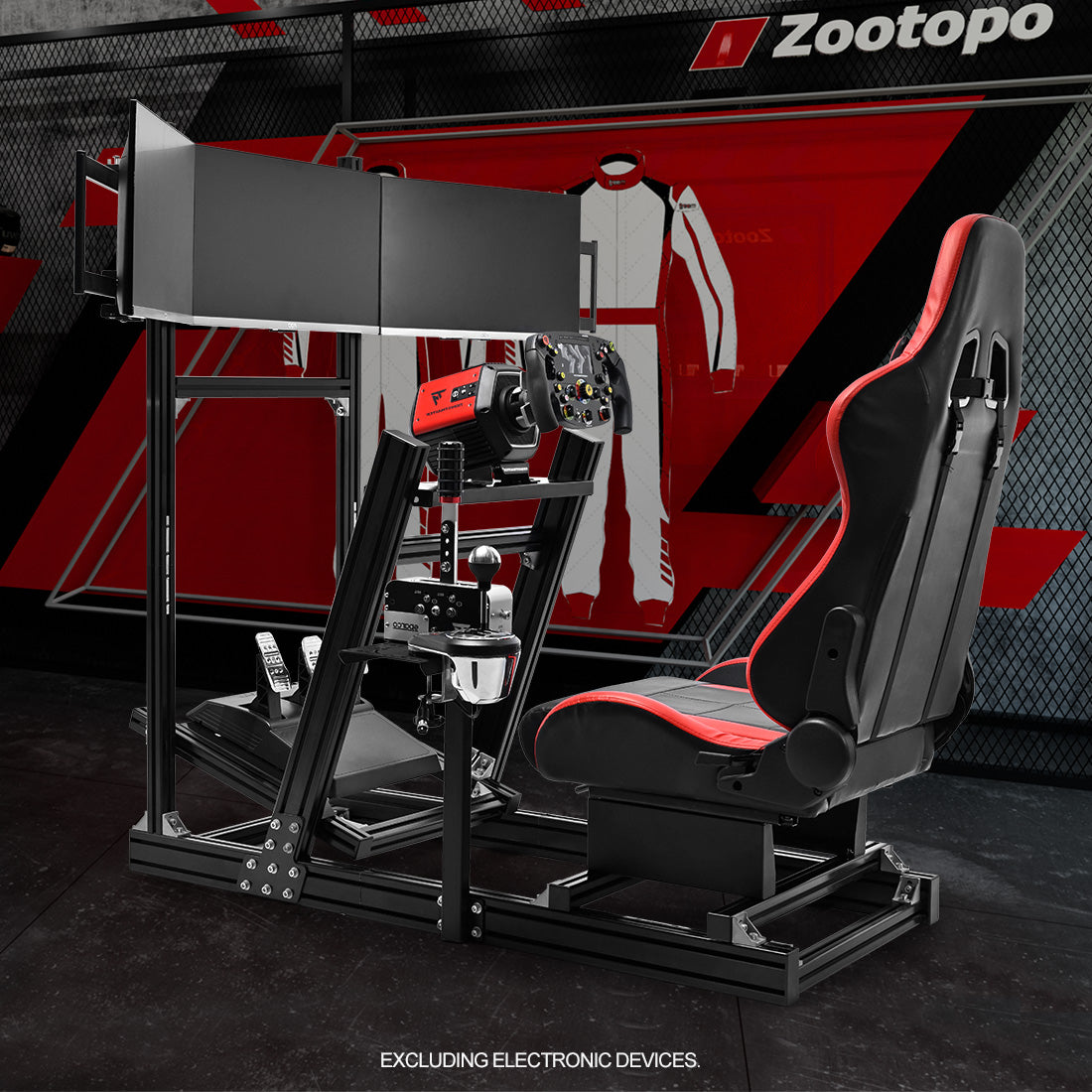 Zootopo 8040 Aluminum Profile Racing Simulaor Cockpit with Red Seat & Triple Display Stand Fit for Logitech/Thrustmaster/Fanatec G920,G923&T80 Professional,F1 Trunk,No Handbrake,Pedals,Steering Wheel
