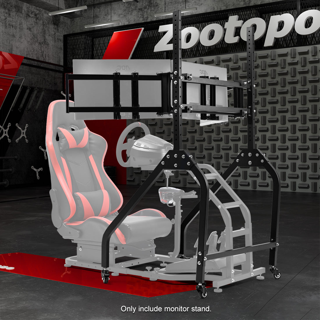 Zootopo Triple Monitor Stand with Locking Casters Premium Adjustable Mount for Racing Simulator,Featuring Full Motion Control for 27-32 inch Monitors,Immersive Viewing Experience