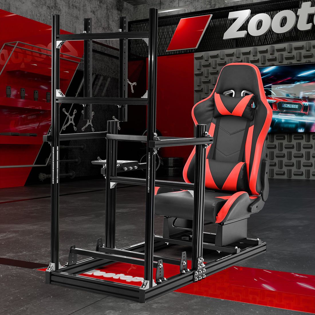 Zootopo Racing Simulator Cockpit with Red Seat and Monitor Mount, crafted from 3060 Aluminum Profile,Fit for Thrustmaster/Fanatec/Logitech G29 GPro, Unlimited Adjustment,Not Include Steering Wheel,Pedals,Handbrake
