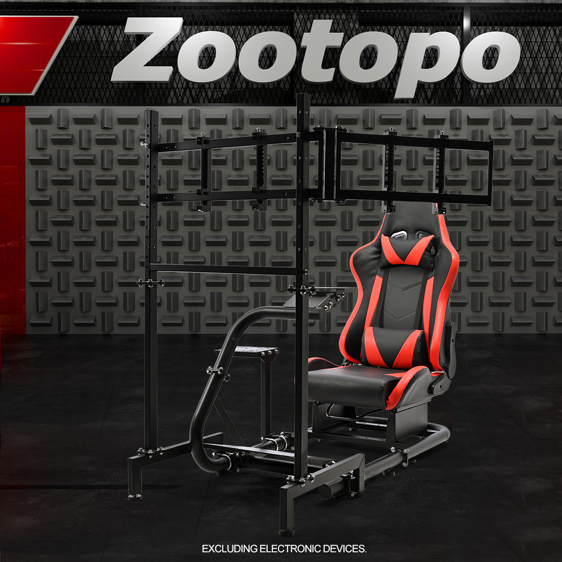 Zootopo Racing Simulator Cockpit with Triple Monitor Stand and Red Seat Suitable for Logitech/Thrustmaster T500RS TX G29 G920 G923 CSL-DD, Without Steering Wheel, Pedals, Handbrake