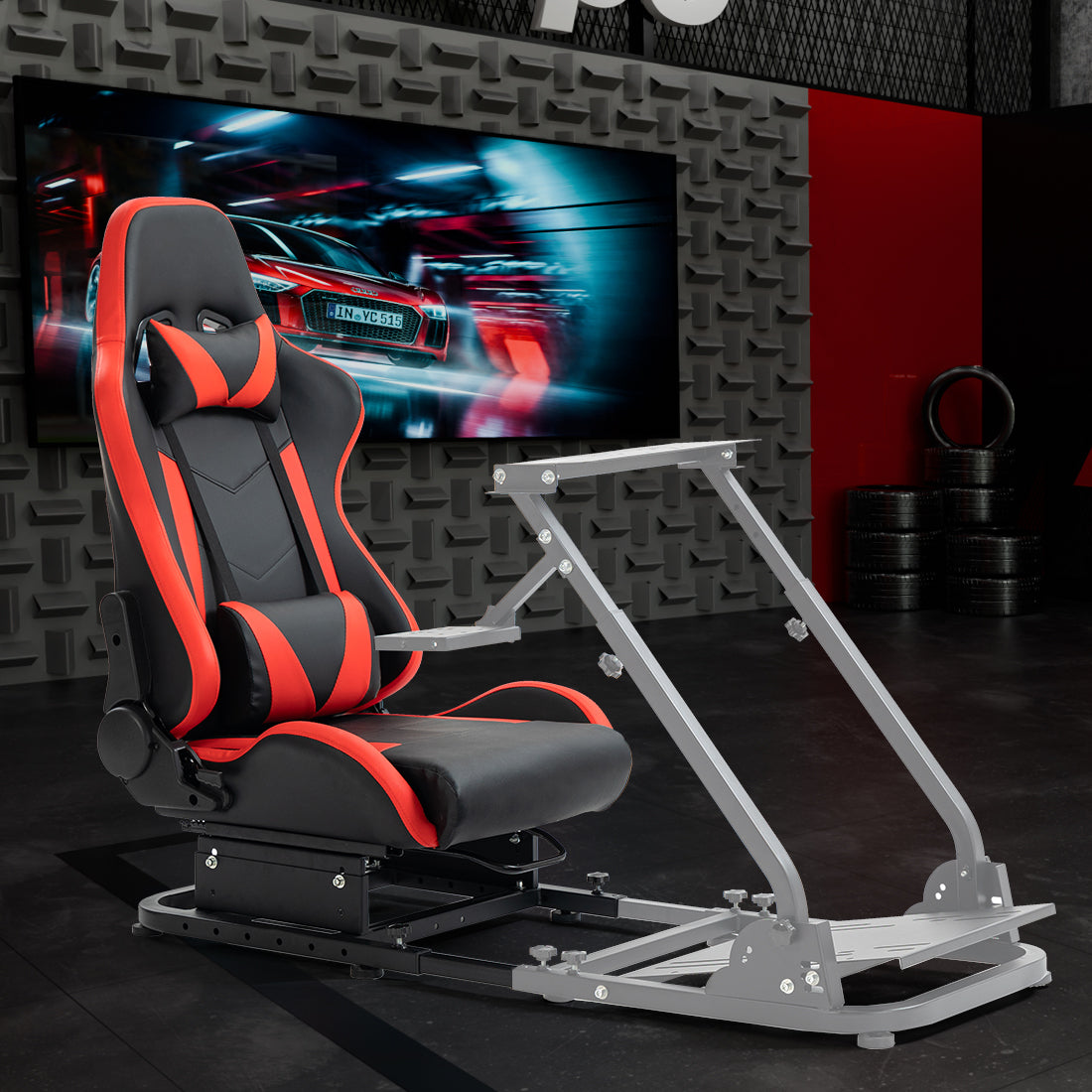 Zootopo Racing Seat Stand, Modern Style, Red and Black, Faux Leather, Ergonomic, Gaming Chair Stand, Racing Game, Adult, Indoor Use