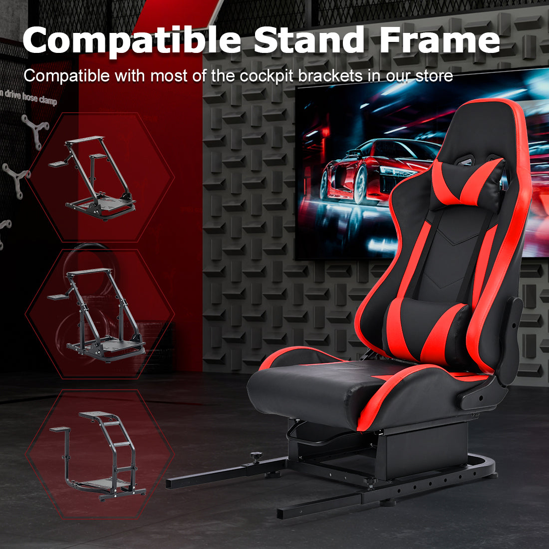 Zootopo Rear Seat Bottom Brackets of 30mm Square Tube Racing Simlator Cockpit with Red Seat， DIY Upgraded Racing Seat Gaming Steering Wheel Stand Thickened Steel Adjustable