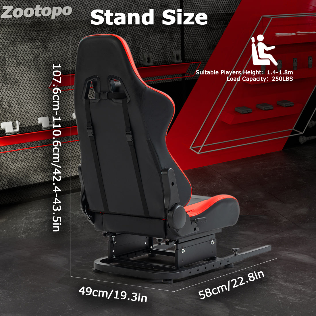 Zootopo Racing Seat Stand, Modern Style, Red and Black, Faux Leather, Ergonomic, Gaming Chair Stand, Racing Game, Adult, Indoor Use