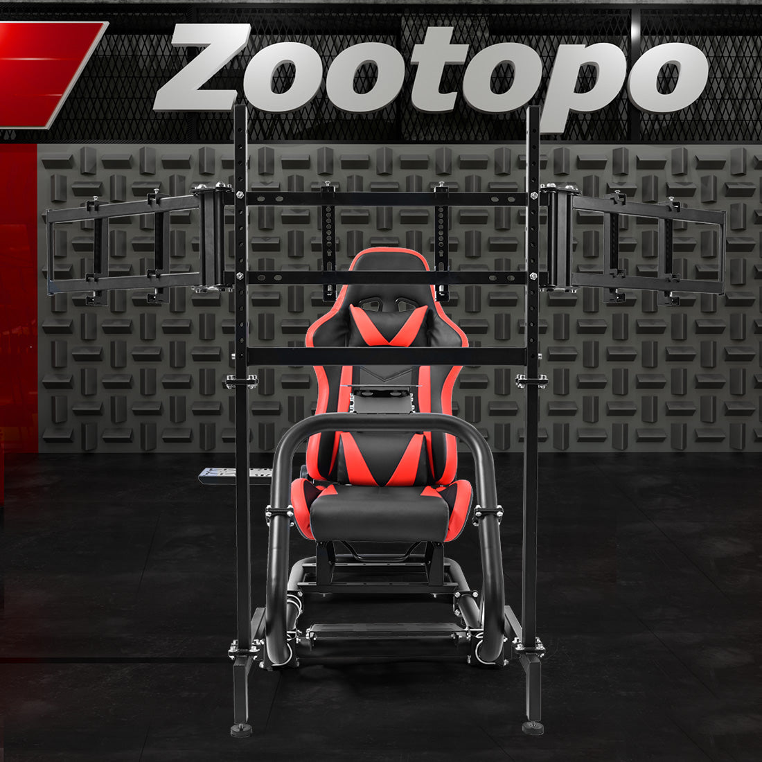 Zootopo Professional Racing Simulator Cockpit Frame with Red Seat&Triple Monitor Stand, Fit for Logitech G920/Thrustmaster/Moza, Shifter Platform Upgrade, No Wheel, Pedals, Handbrake and Monitor