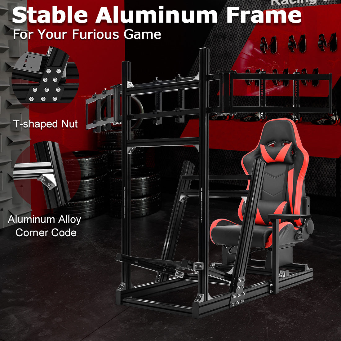 Zootopo 8040 Aluminum Profile Racing Simulaor Cockpit with Red Seat & Triple Display Stand Fit for Logitech/Thrustmaster/Fanatec G920,G923&T80 Professional,F1 Trunk,No Handbrake,Pedals,Steering Wheel