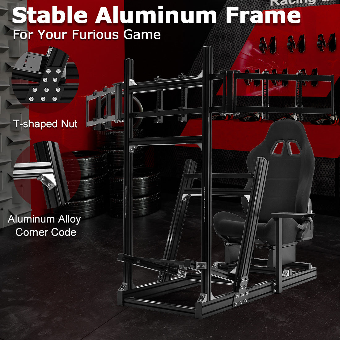 Zootopo 8040 Aluminum Profile Racing Simulator Cockpit with Black Seat & Triple Display Stand Fit for Logitech/Thrustmaster/Fanatec G25 G27 G29 G923 T80,F1 Trunk,No Handbrake,Pedals & Steering Wheel