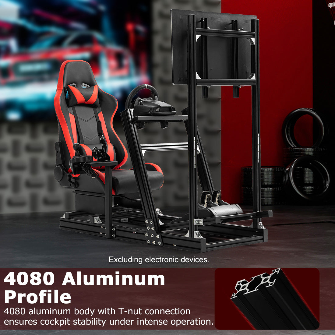 Zootopo 8040 Aluminum Profile Racing Simulaor Cockpit with Red Seat & Monitor Frame Fit for Logitech/Thrustmaster/Fanatec G920,G923&T80 Professional,F1 Trunk,No Handbrake,Pedals,Steering Wheel