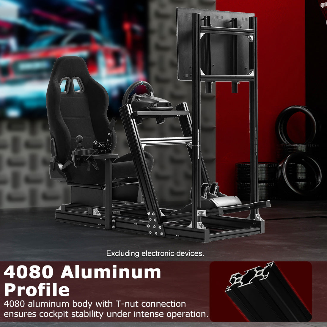 Zootopo 8040 Aluminum Profile Racing Simulator Cockpit with Black Seat & Monitor Frame Fit for Logitech/Thrustmaster/Fanatec G25 G27 G29 G923 T80,F1 Trunk,No Handbrake,Pedals & Steering Wheel