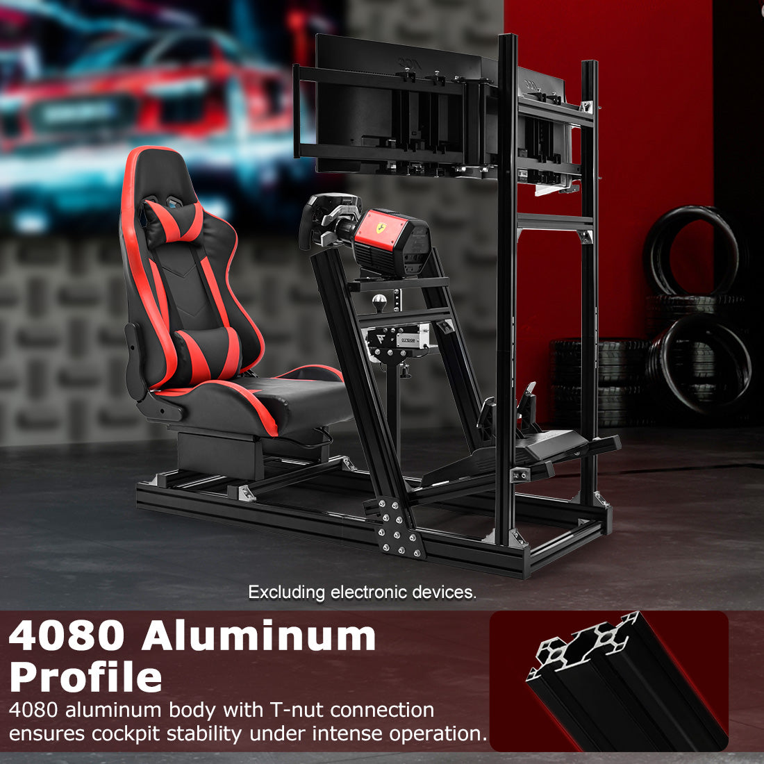 Zootopo 8040 Aluminum Profile Racing Simulaor Cockpit with Red Seat & Triple Display Stand Fit for Logitech/Thrustmaster/Fanatec G920,G923&T80 Professional,F1 Trunk,No Handbrake,Pedals,Steering Wheel