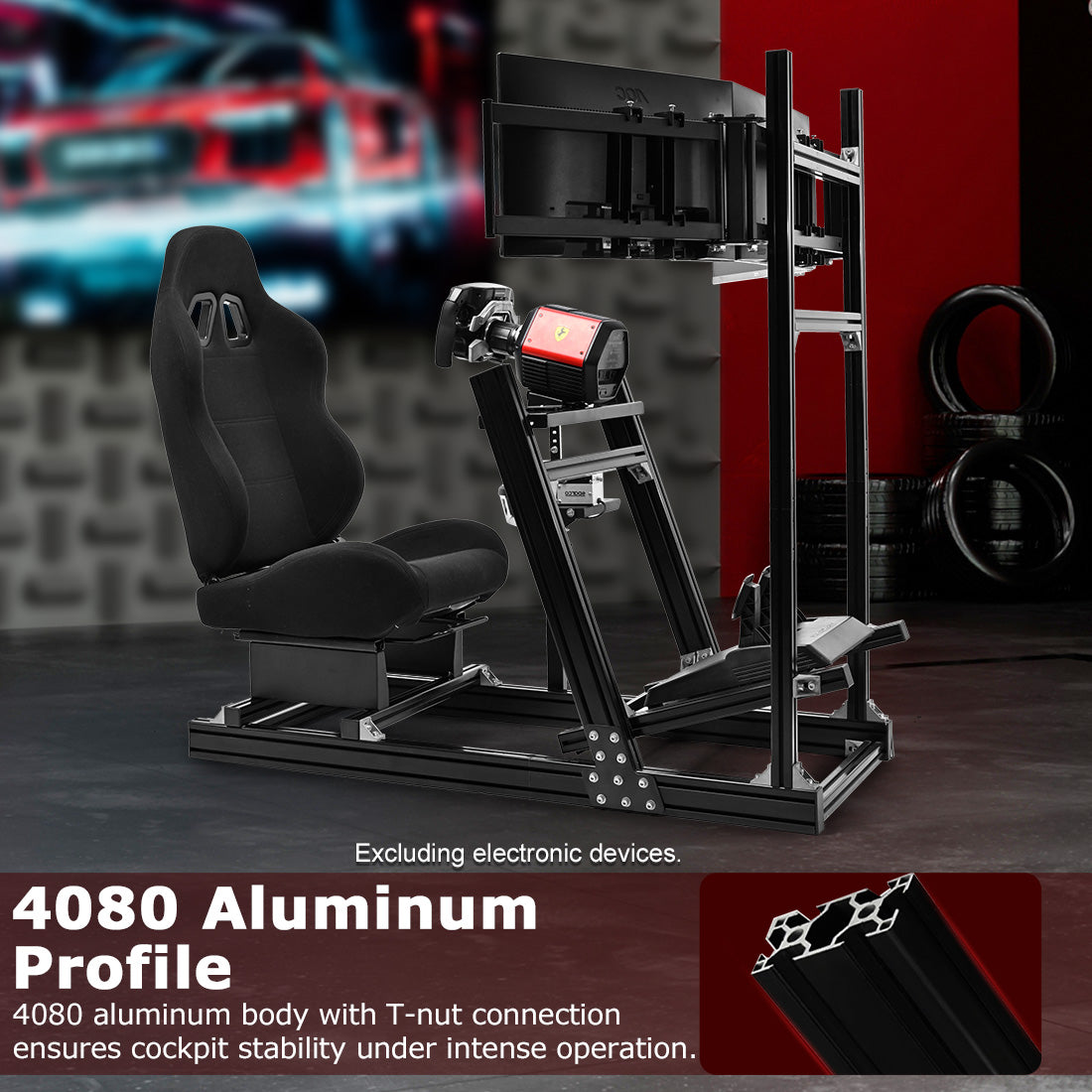 Zootopo 8040 Aluminum Profile Racing Simulator Cockpit with Black Seat & Triple Display Stand Fit for Logitech/Thrustmaster/Fanatec G25 G27 G29 G923 T80,F1 Trunk,No Handbrake,Pedals & Steering Wheel