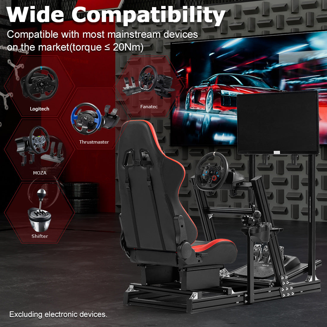 Zootopo 8040 Aluminum Profile Racing Simulaor Cockpit with Red Seat & Monitor Frame Fit for Logitech/Thrustmaster/Fanatec G920,G923&T80 Professional,F1 Trunk,No Handbrake,Pedals,Steering Wheel