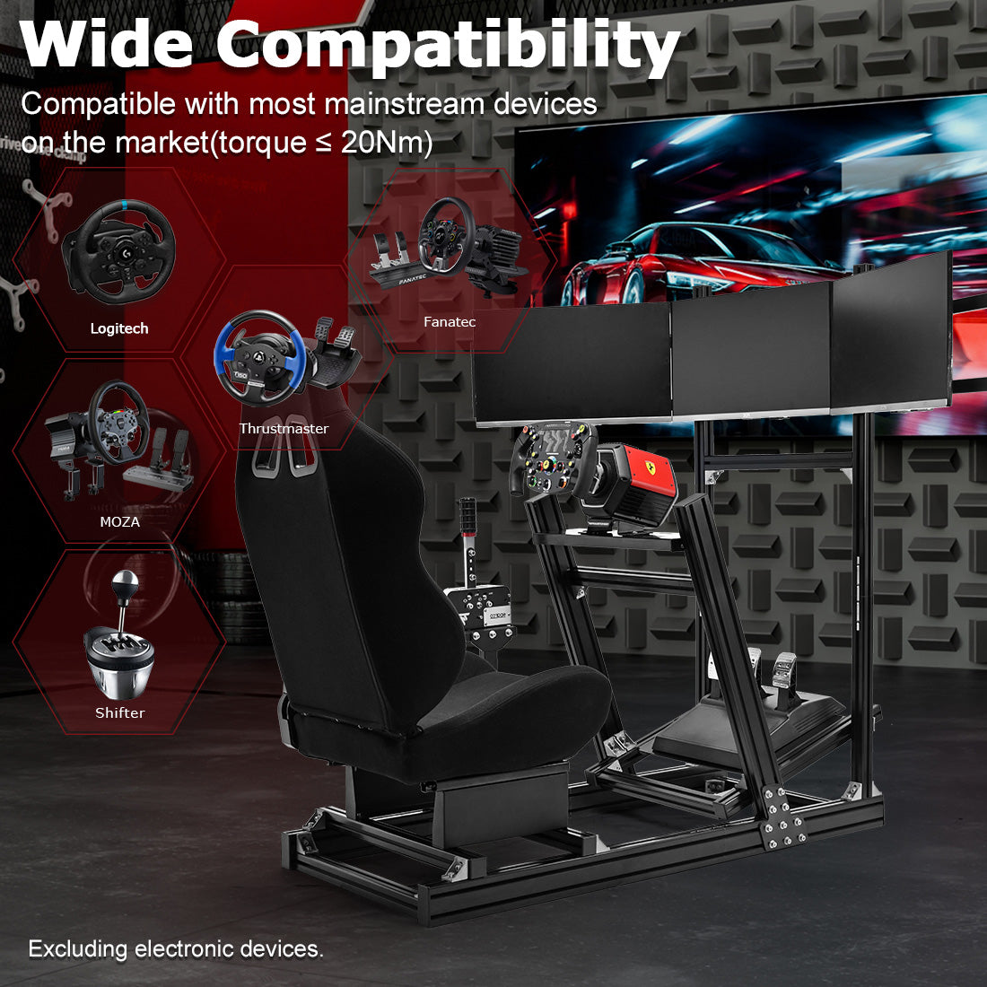 Zootopo 8040 Aluminum Profile Racing Simulator Cockpit with Black Seat & Triple Display Stand Fit for Logitech/Thrustmaster/Fanatec G25 G27 G29 G923 T80,F1 Trunk,No Handbrake,Pedals & Steering Wheel