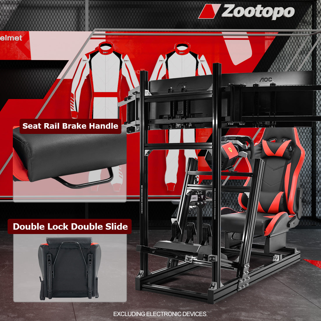Zootopo 8040 Aluminum Profile Racing Simulaor Cockpit with Red Seat & Triple Display Stand Fit for Logitech/Thrustmaster/Fanatec G920,G923&T80 Professional,F1 Trunk,No Handbrake,Pedals,Steering Wheel