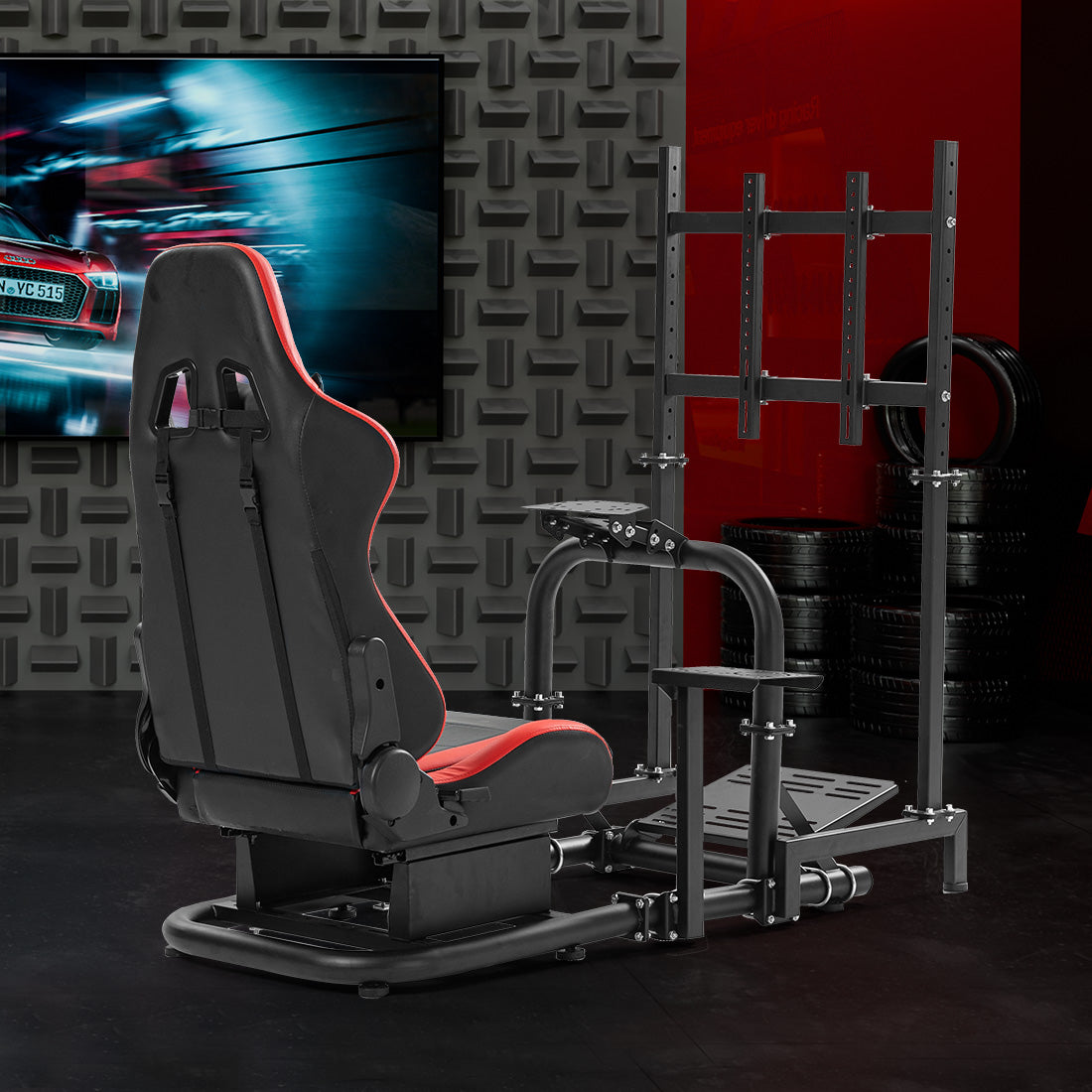 Zootopo Racing Cockpit with TV Stand & Red Seat Fit for Logitech, Thrustmaster,G27,G920,T500,Wheel Shifter Pedals Not Included