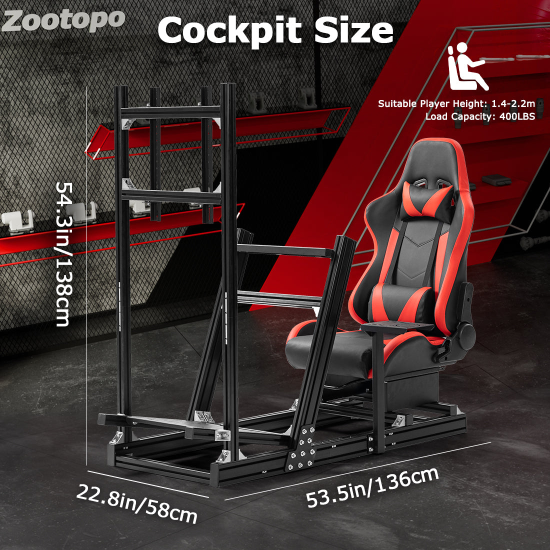 Zootopo 8040 Aluminum Profile Racing Simulaor Cockpit with Red Seat & Monitor Frame Fit for Logitech/Thrustmaster/Fanatec G920,G923&T80 Professional,F1 Trunk,No Handbrake,Pedals,Steering Wheel