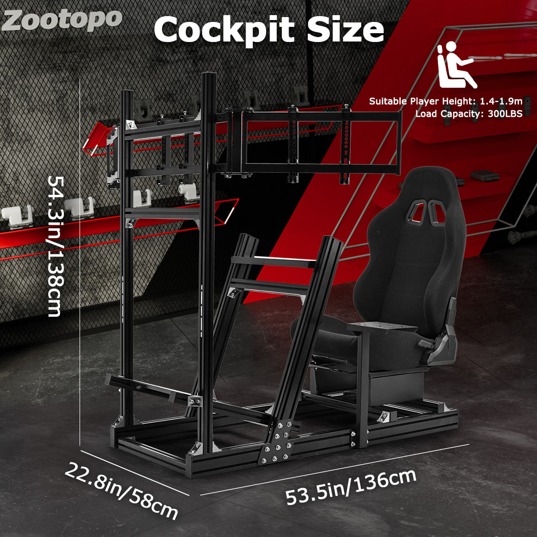 Zootopo 8040 Aluminum Profile Racing Simulator Cockpit with Black Seat & Triple Display Stand Fit for Logitech/Thrustmaster/Fanatec G25 G27 G29 G923 T80,F1 Trunk,No Handbrake,Pedals & Steering Wheel
