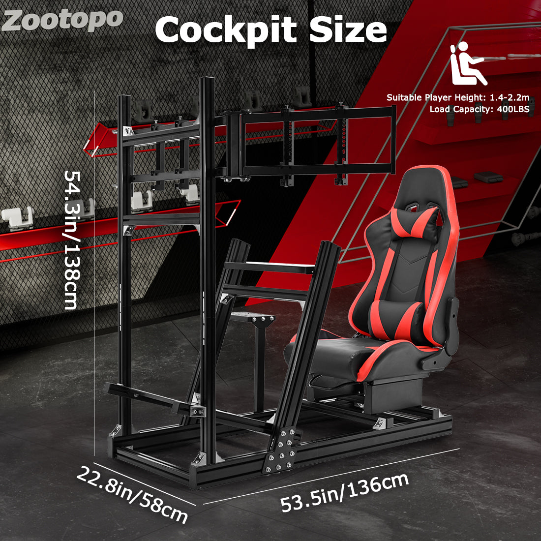 Zootopo 8040 Aluminum Profile Racing Simulaor Cockpit with Red Seat & Triple Display Stand Fit for Logitech/Thrustmaster/Fanatec G920,G923&T80 Professional,F1 Trunk,No Handbrake,Pedals,Steering Wheel