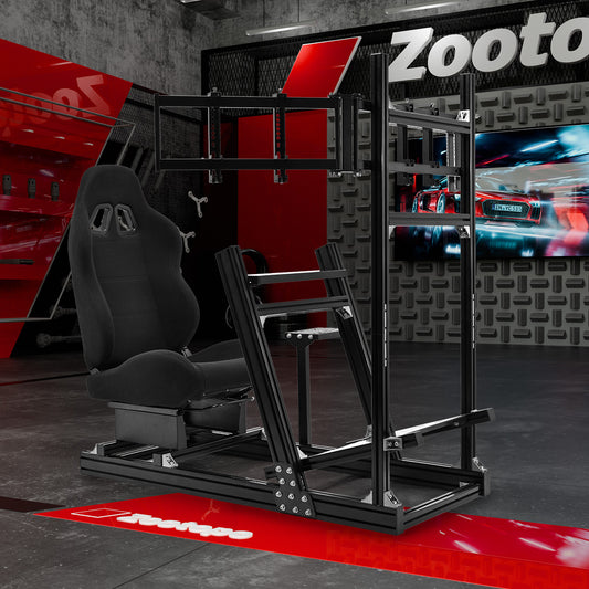 Zootopo 8040 Aluminum Profile Racing Simulator Cockpit with Black Seat & Triple Display Stand Fit for Logitech/Thrustmaster/Fanatec G25 G27 G29 G923 T80,F1 Trunk,No Handbrake,Pedals & Steering Wheel