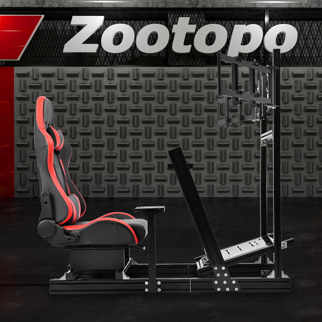 Zootopo 8040 Aluminum Profile Racing Simulaor Cockpit with Red Seat & Triple Display Stand Fit for Logitech/Thrustmaster/Fanatec G920,G923&T80 Professional,F1 Trunk,No Handbrake,Pedals,Steering Wheel