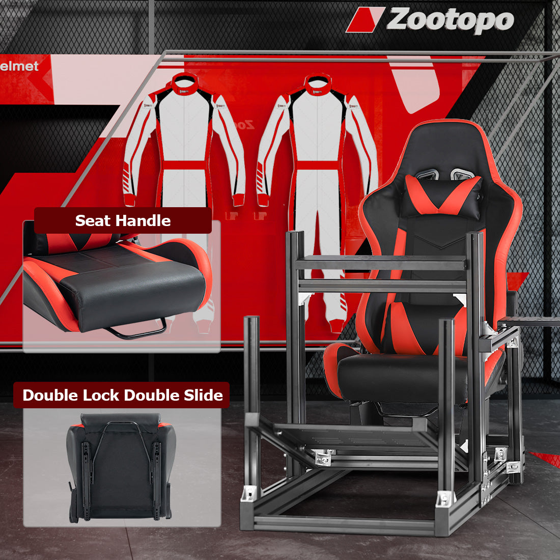 Zootopo 8040 Aluminum Profile Racing Sim Cockpit with Red Seat Fit Logitech G923 G920, Adjuatable Driving Simulator Cockpit Not Include Steering Wheel,Pedals,Handbrake