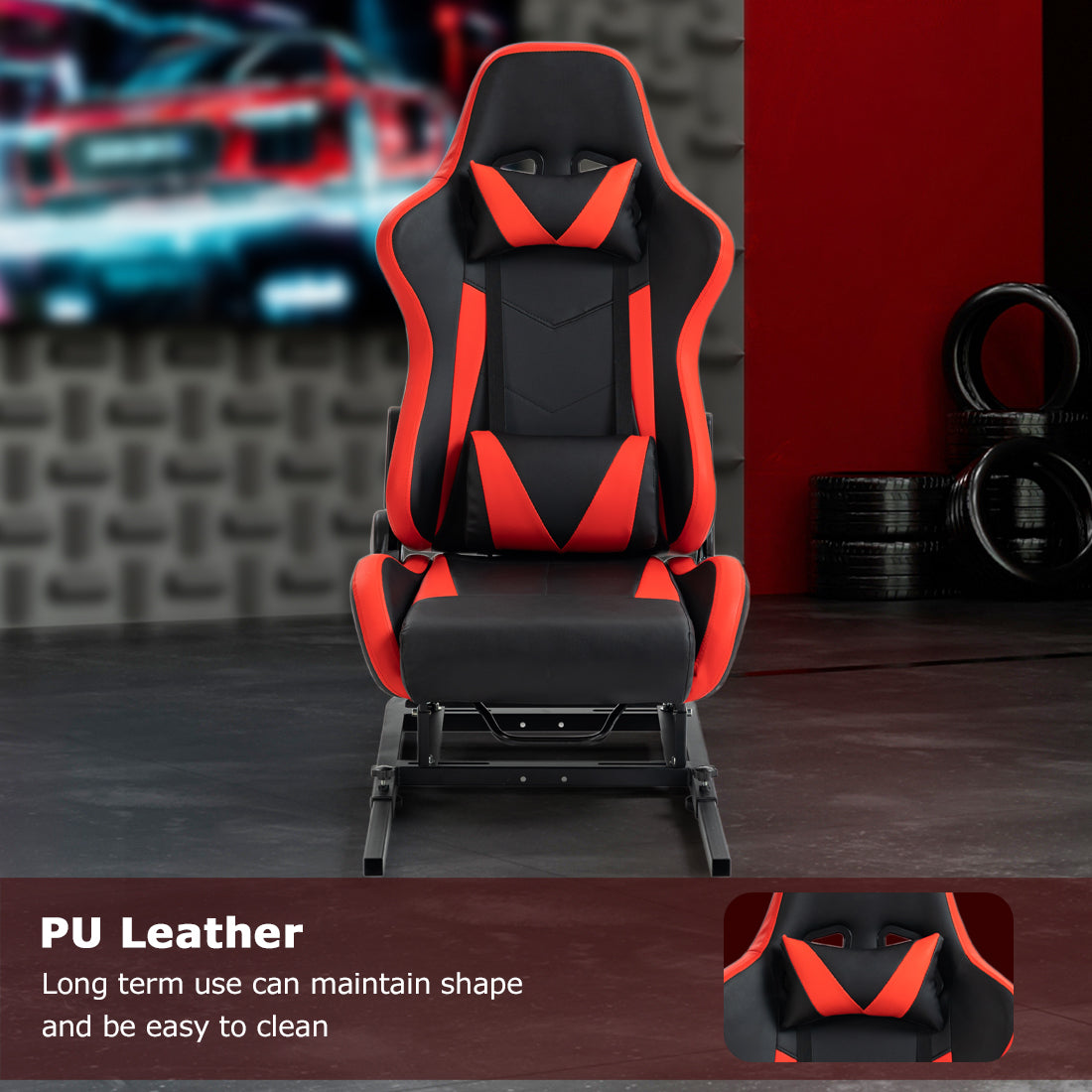 Zootopo Racing Seat Stand, Modern Style, Red and Black, Faux Leather, Ergonomic, Gaming Chair Stand, Racing Game, Adult, Indoor Use