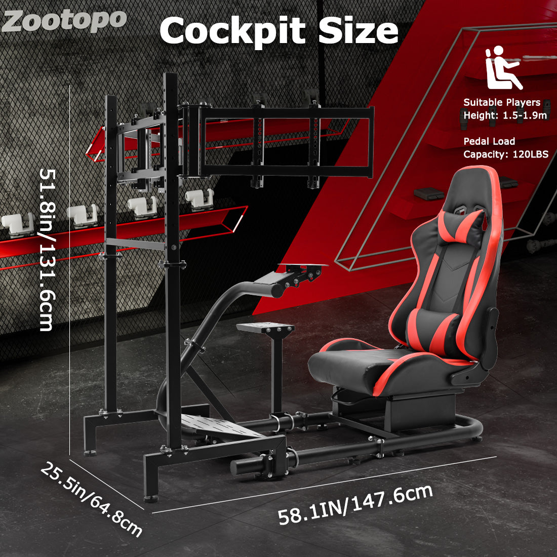 Zootopo Racing Simulator Cockpit with Triple Monitor Stand and Red Seat Suitable for Logitech/Thrustmaster T500RS TX G29 G920 G923 CSL-DD, Without Steering Wheel, Pedals, Handbrake