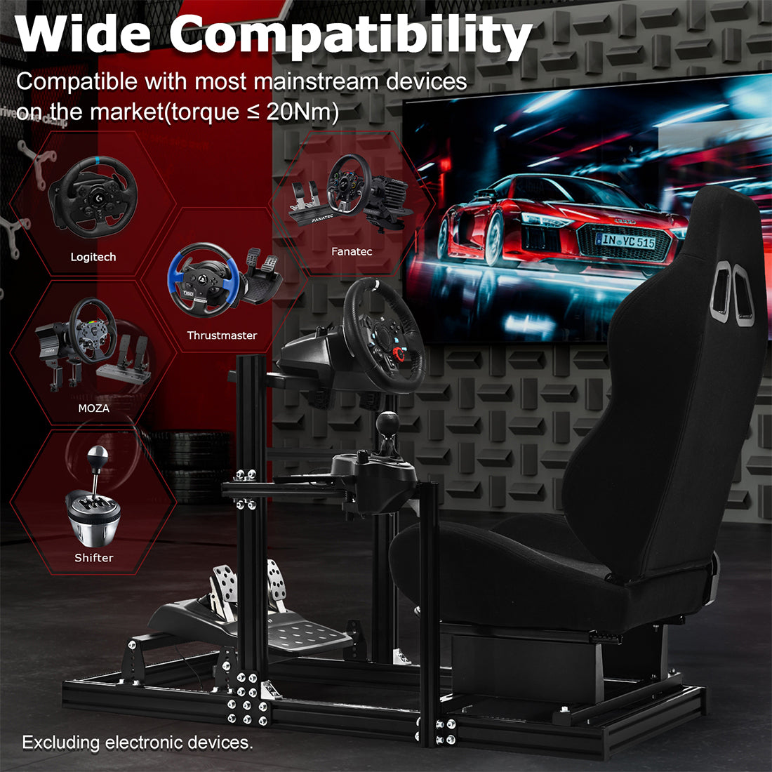 Zootopo 3060Aluminum Profile Racing Simulator Cockpit with Seat, Supports Adjustment, Compatible with Thrustmaster/Fanatec/Logitech G29 Steering Wheels,and designed  for the Sim Frame 3060 Chassis,Does Not Include Steering Wheel, Pedals, or Handbrake