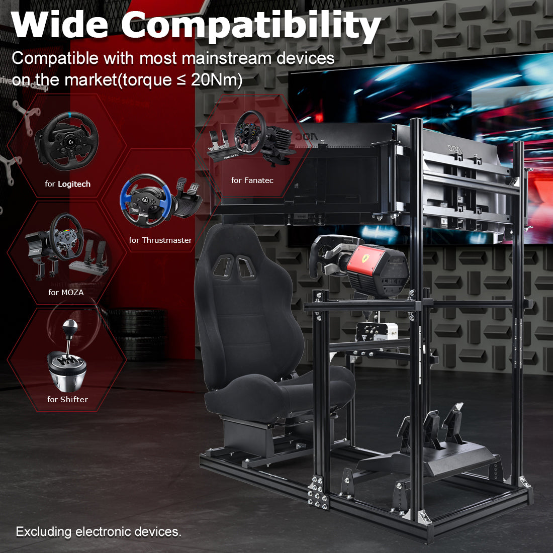 Zootopo 3060 Aluminum Profile Racing Simulator Cockpit with Black Seat and Triple-monitor Setup, Fit for Thrustmaster,for Fanatec,for Logitech G29 , Adjustable Driving Simulator Cockpit, Does Not Include Steering Wheel, Pedals, or Handbrake