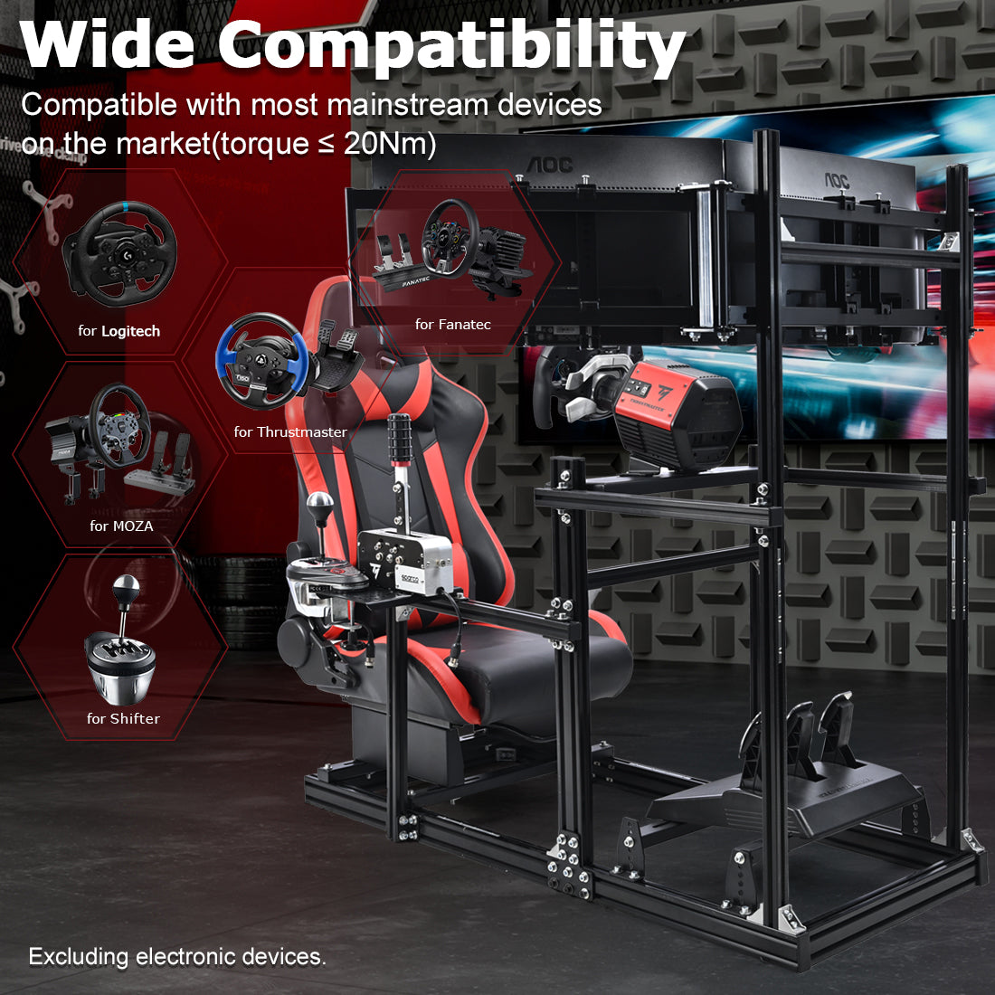 Zootopo 3060 Aluminum Profile Racing Simulator Cockpit with Red Seat and Triple-monitor Setup, Fit for Thrustmaster,for Fanatec,for Logitech G29 , Adjustable Driving Simulator Cockpit, Does Not Include Steering Wheel, Pedals, or Handbrake