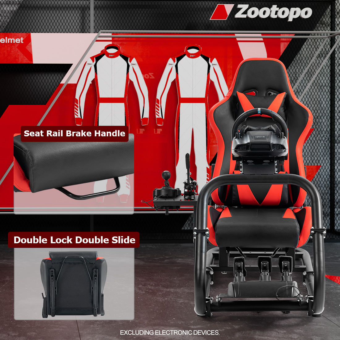 Zootopo Professional Racing Simulator Cockpit Frame with Red Seat, Fit for Logitech G920/Thrustmaster/Moza, Streamlined Dual-arm Design, No Wheel, Pedals, Handbrake and Monitor Stand