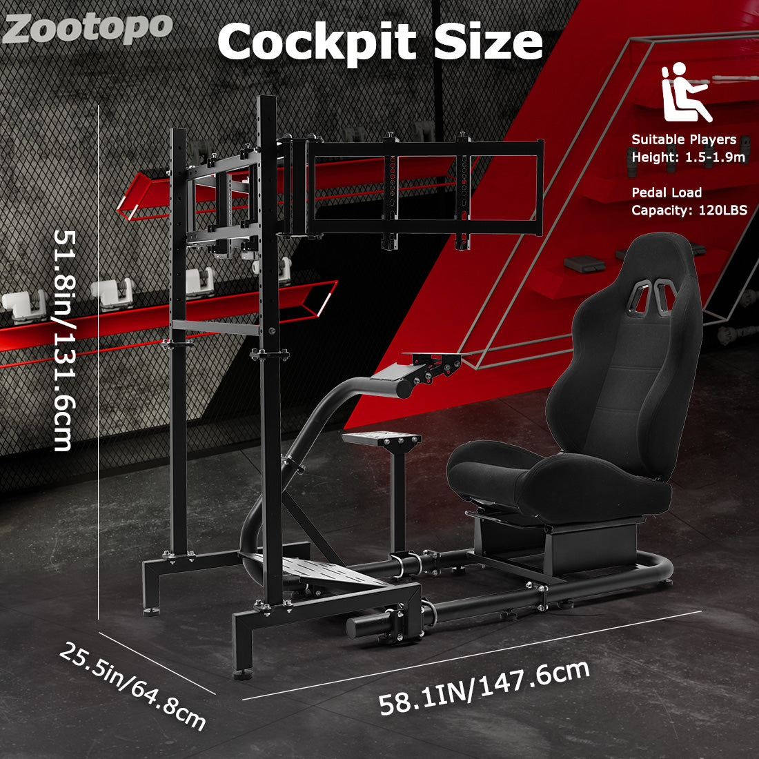 Zootopo Racing Simulator Cockpit With Triple Monitor Stand and Black Seat Suitable for Logitech/Thrustmaster T500RS TX G29 G920 G923 CSL-DD, Without Steering Wheel, Pedals, Handbrake