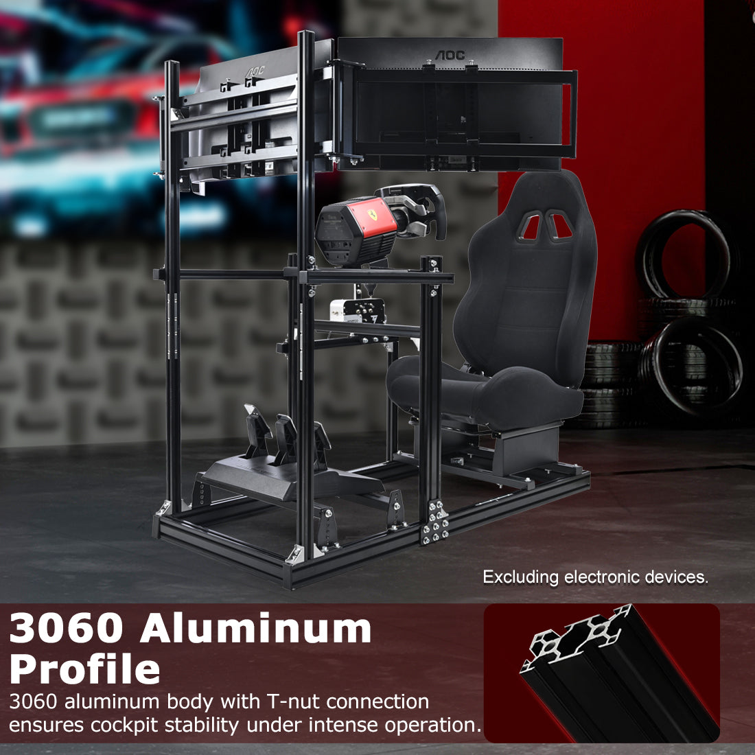 Zootopo 3060 Aluminum Profile Racing Simulator Cockpit with Black Seat and Triple-monitor Setup, Fit for Thrustmaster,for Fanatec,for Logitech G29 , Adjustable Driving Simulator Cockpit, Does Not Include Steering Wheel, Pedals, or Handbrake
