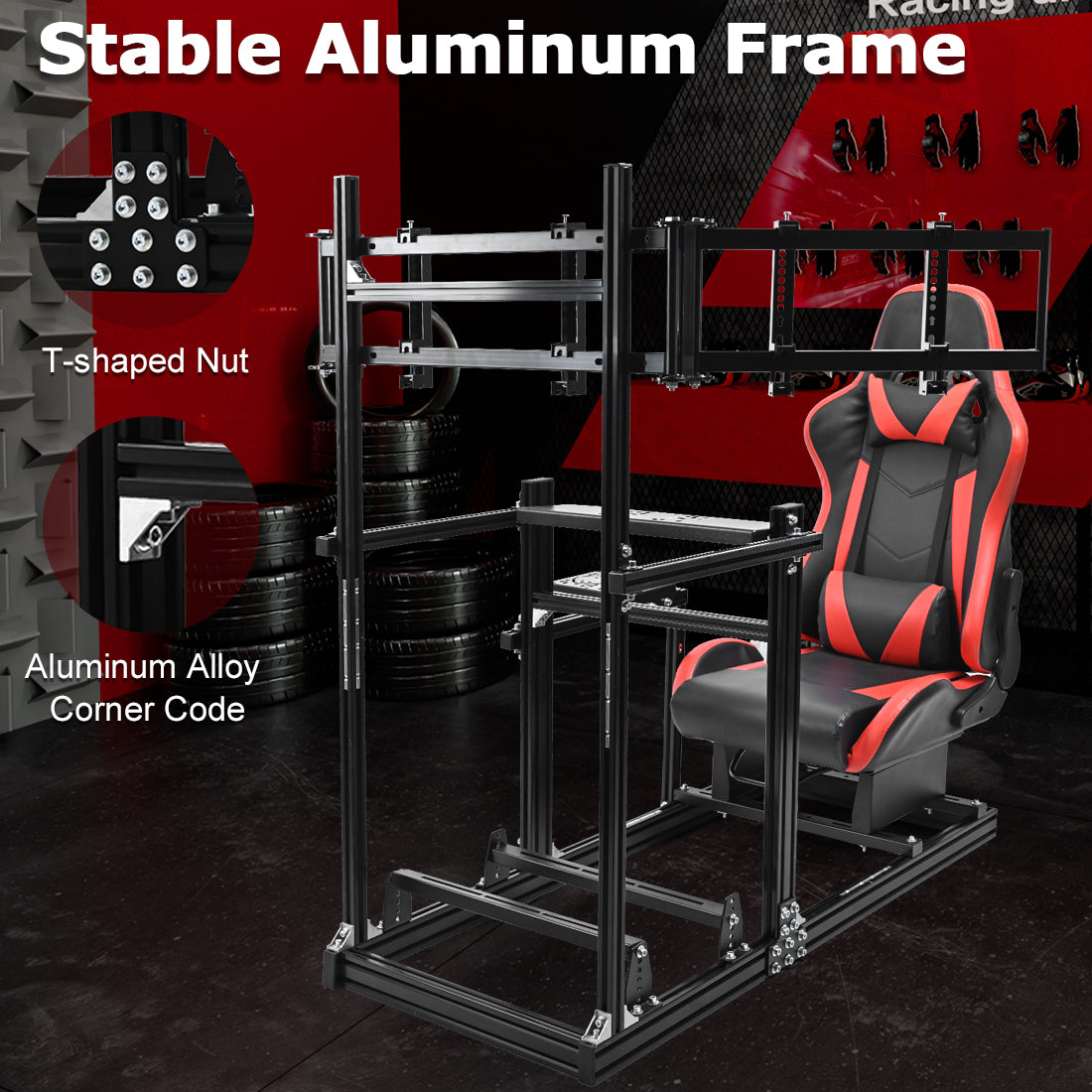 Zootopo 3060 Aluminum Profile Racing Simulator Cockpit with Red Seat and Triple-monitor Setup, Fit for Thrustmaster,for Fanatec,for Logitech G29 , Adjustable Driving Simulator Cockpit, Does Not Include Steering Wheel, Pedals, or Handbrake