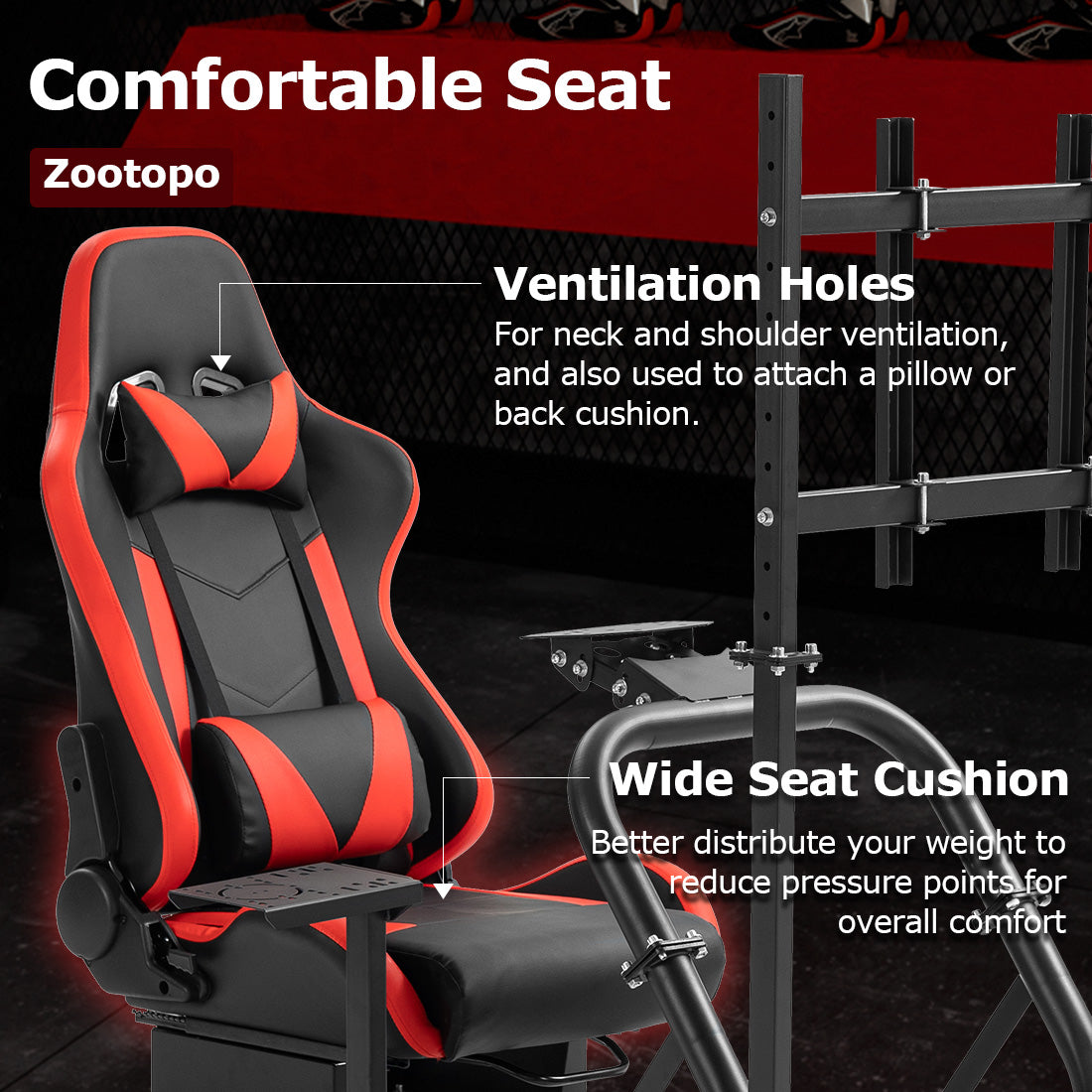 Zootopo Professional Racing Simulator Cockpit Frame with Red Seat&Monitor Stand, Fit for Logitech G920/Thrustmaster/Moza, Streamlined Dual-arm Design, No Wheel, Pedals, Handbrake and Monitor