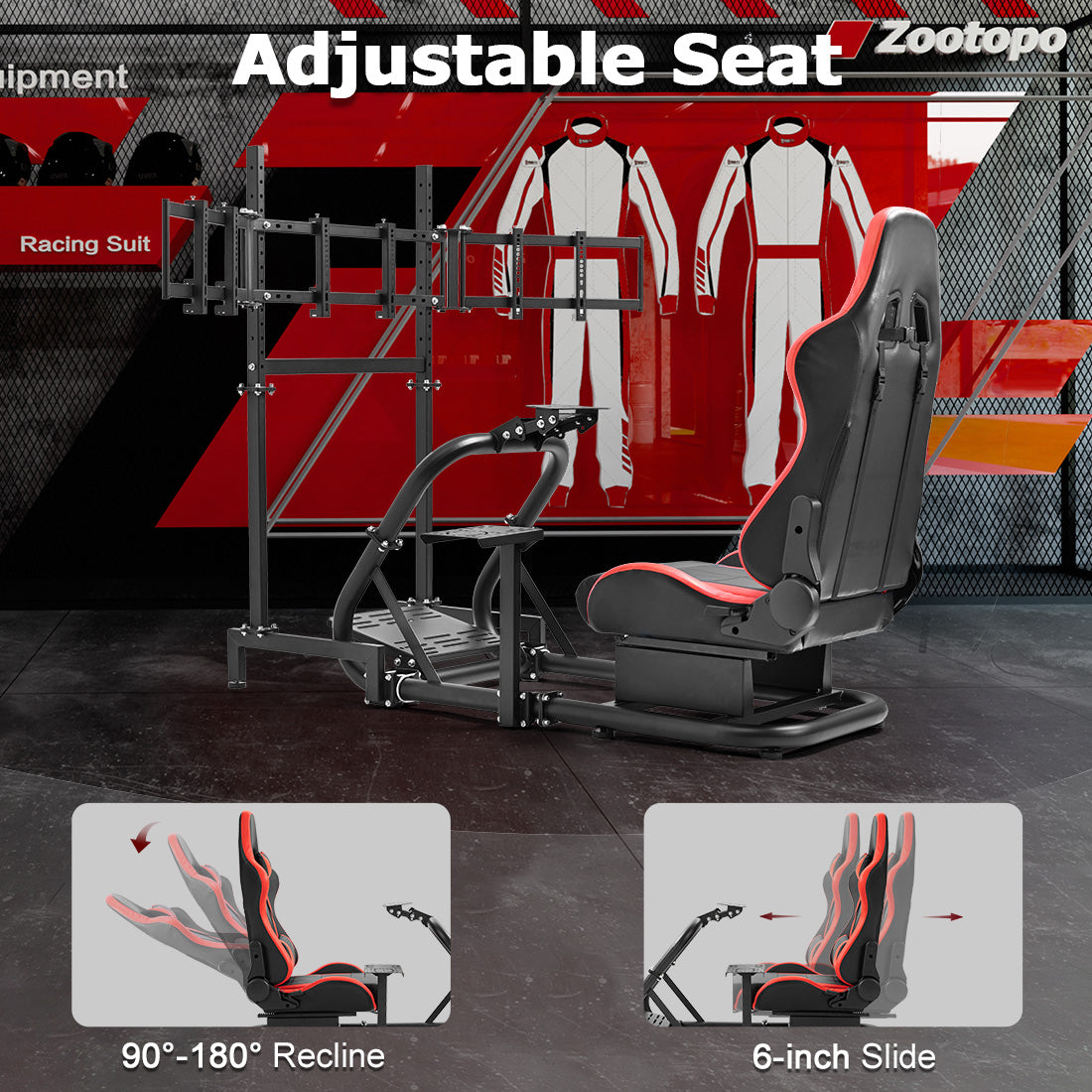 Zootopo Professional Racing Simulator Cockpit Frame with Red Seat&Triple Monitor Stand, Fit for Logitech G920/Thrustmaster/Moza, Shifter Platform Upgrade, No Wheel, Pedals, Handbrake and Monitor