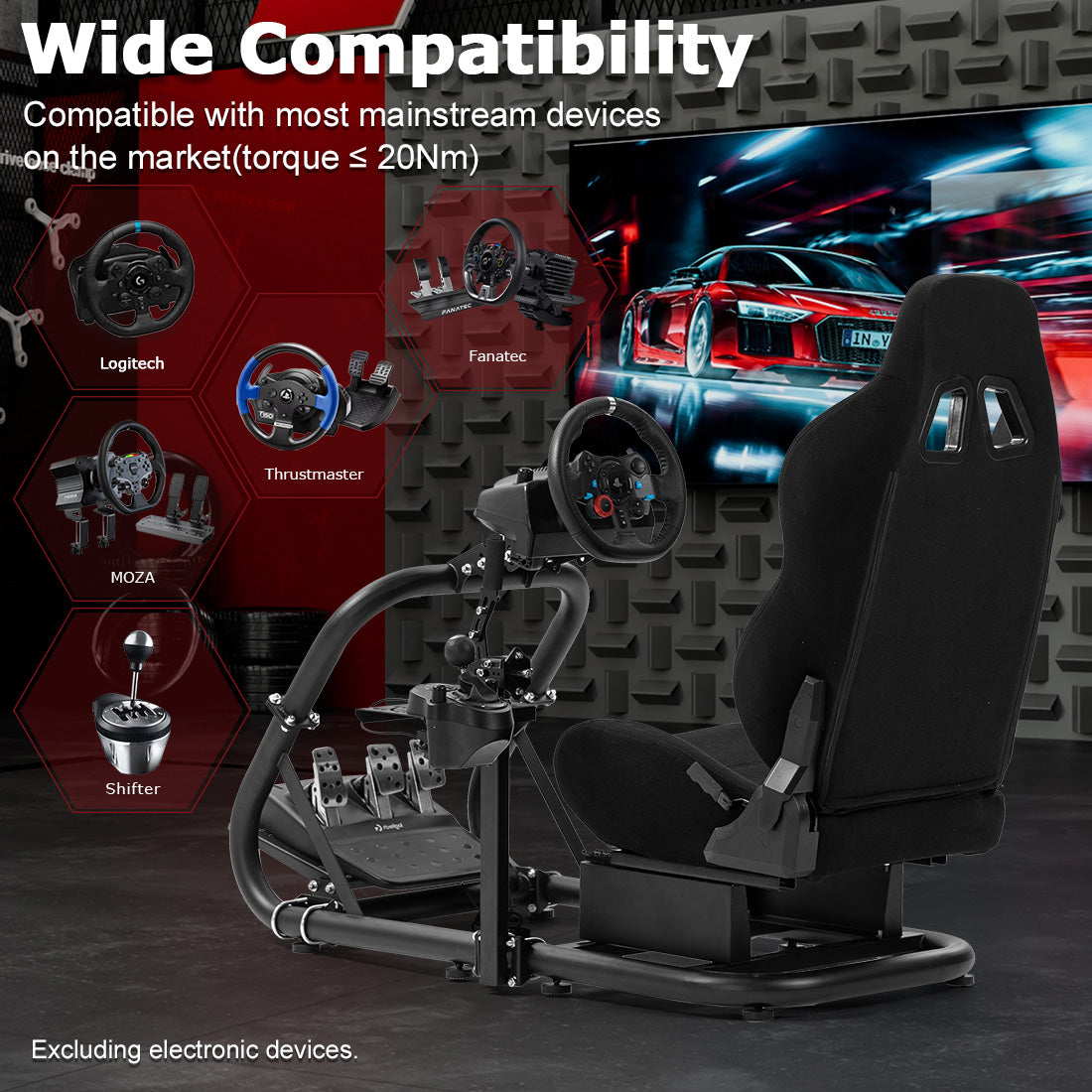 Zootopo Professional Racing Simulator Cockpit with Black Seat, Fit for Logitech G920/Thrustmaster/Moza, Streamlined Dual-arm Design, No Wheel, Pedals, Handbrake, and Monitor Stand