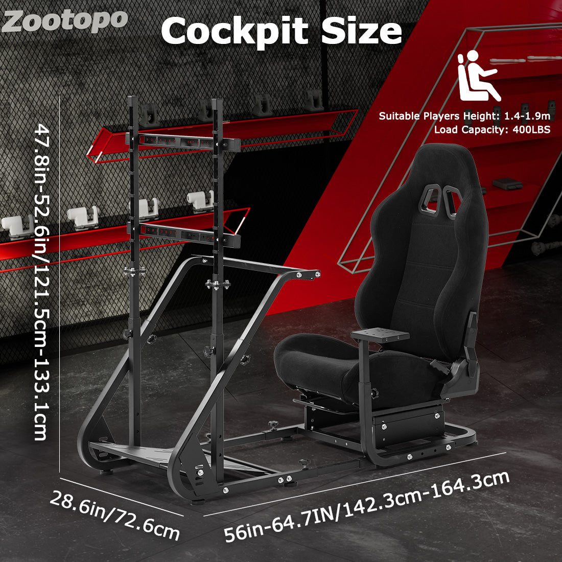 Zootopo Adjustable Sim Racing Cockpit with Black Seat Monitor Frame, Fit for Logitech/Thrustmaster/Fanatec G920 G923 G29 T80, Frame Double Arm Reinforcement, No Steering Wheel,Pedal,Handbra,Display