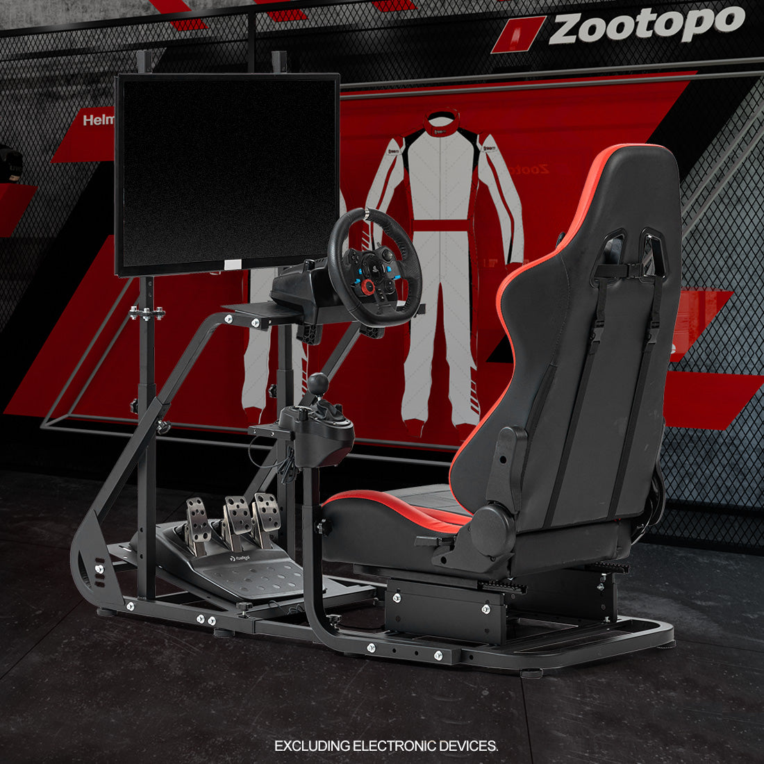 Zootopo Adjustable Sim Racing Cockpit with Red Seat Monitor Frame, Fit for Logitech/Thrustmaster/Fanatec G920 G923 G29 T80, Frame Double Arm Reinforcement, No Steering Wheel,Pedal,Handbra,Display
