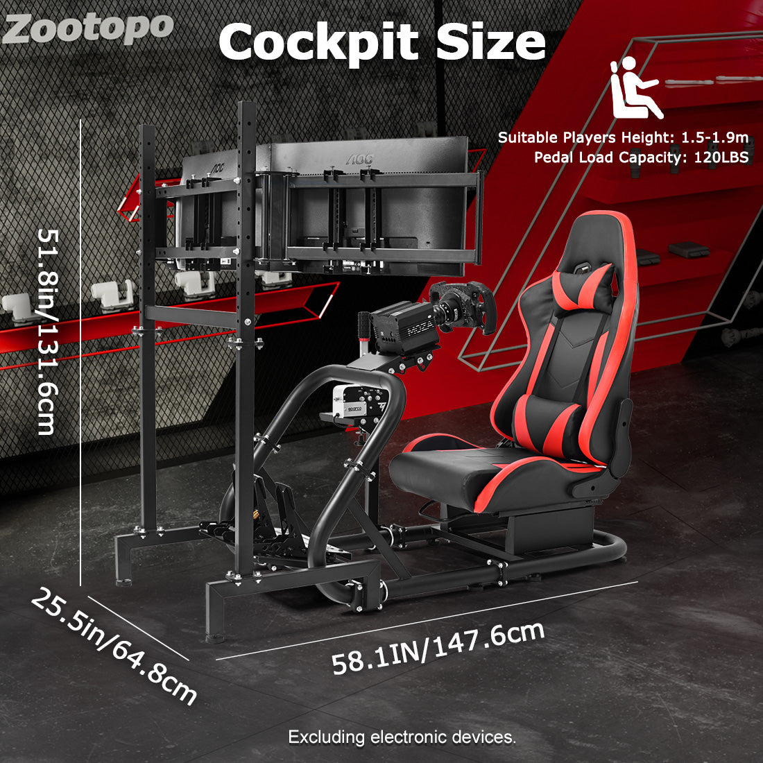 Zootopo Professional Racing Simulator Cockpit Frame with Red Seat&Triple Monitor Stand, Fit for Logitech G920/Thrustmaster/Moza, Shifter Platform Upgrade, No Wheel, Pedals, Handbrake and Monitor