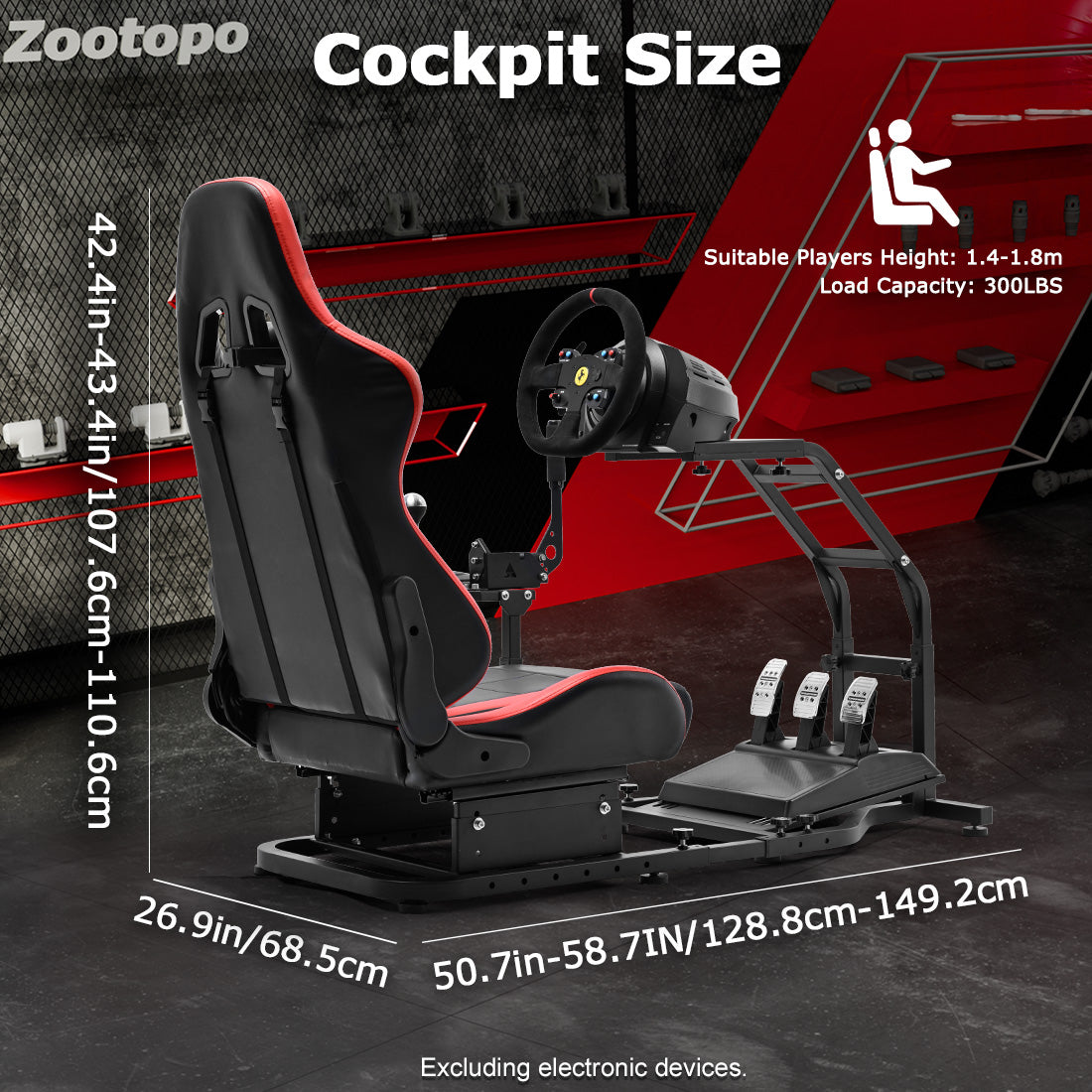 Zootopo Adjustable Racing Sim Cockpit with Red Seat Unobstructed Design for Both Legs Fit for Logitech/Thrustmaster G29 G923 G25 T80 T150 Racing Wheel Cockpit Not Include Steering Wheel,Pedals,Handbrake