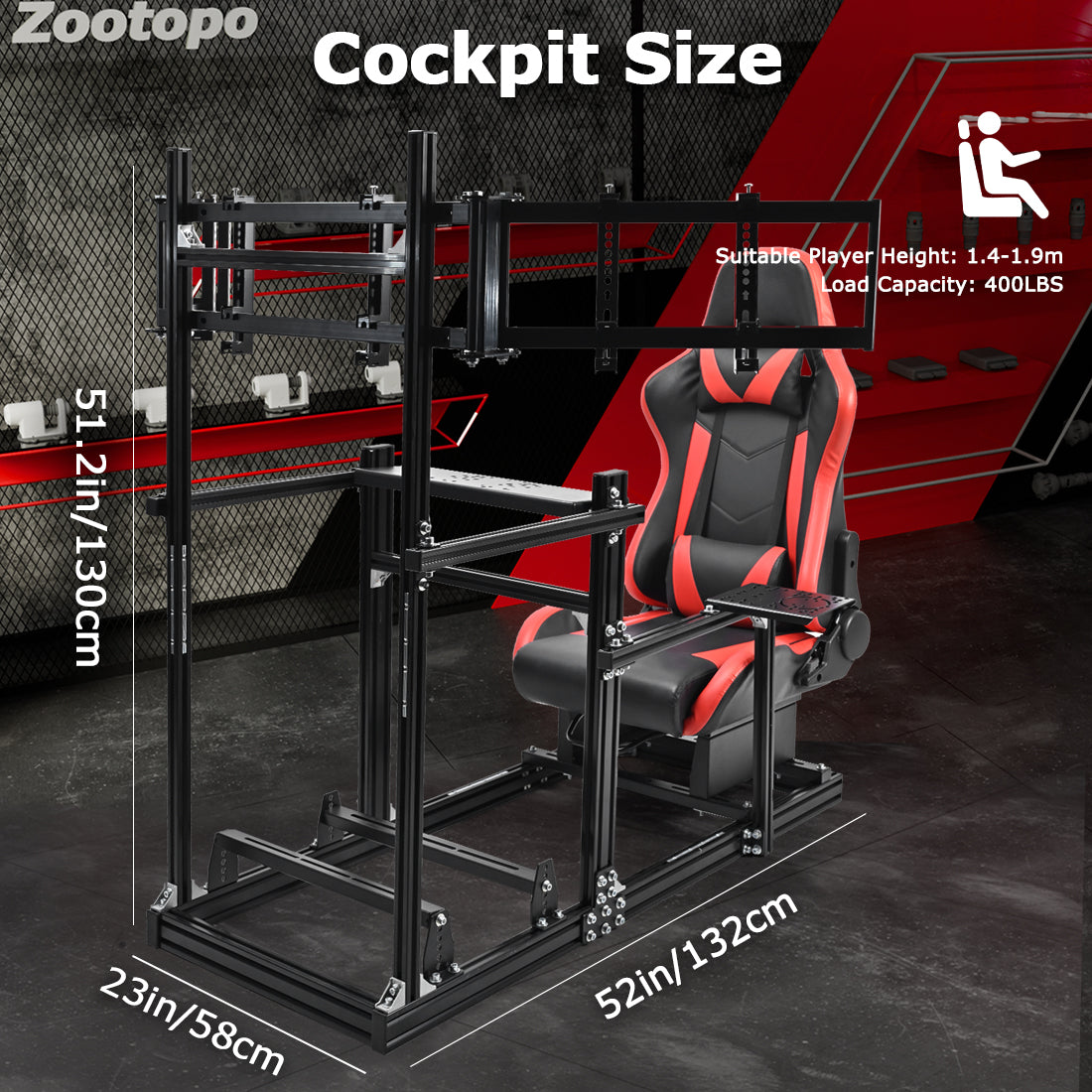 Zootopo 3060 Aluminum Profile Racing Simulator Cockpit with Red Seat and Triple-monitor Setup, Fit for Thrustmaster,for Fanatec,for Logitech G29 , Adjustable Driving Simulator Cockpit, Does Not Include Steering Wheel, Pedals, or Handbrake