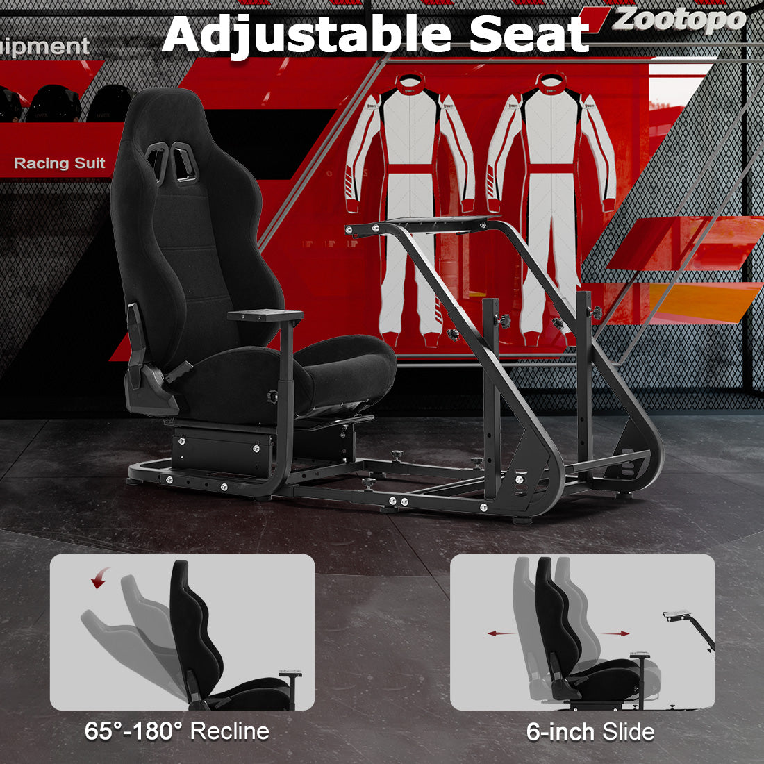 Zootopo Adjustable Sim Racing Cockpit with Black Seat, Fit for Logitech/Thrustmaster/Fanatec G920 G923 G29 Frame, Double Arm Reinforcement, No Steering Wheel, Pedal, Handbrake