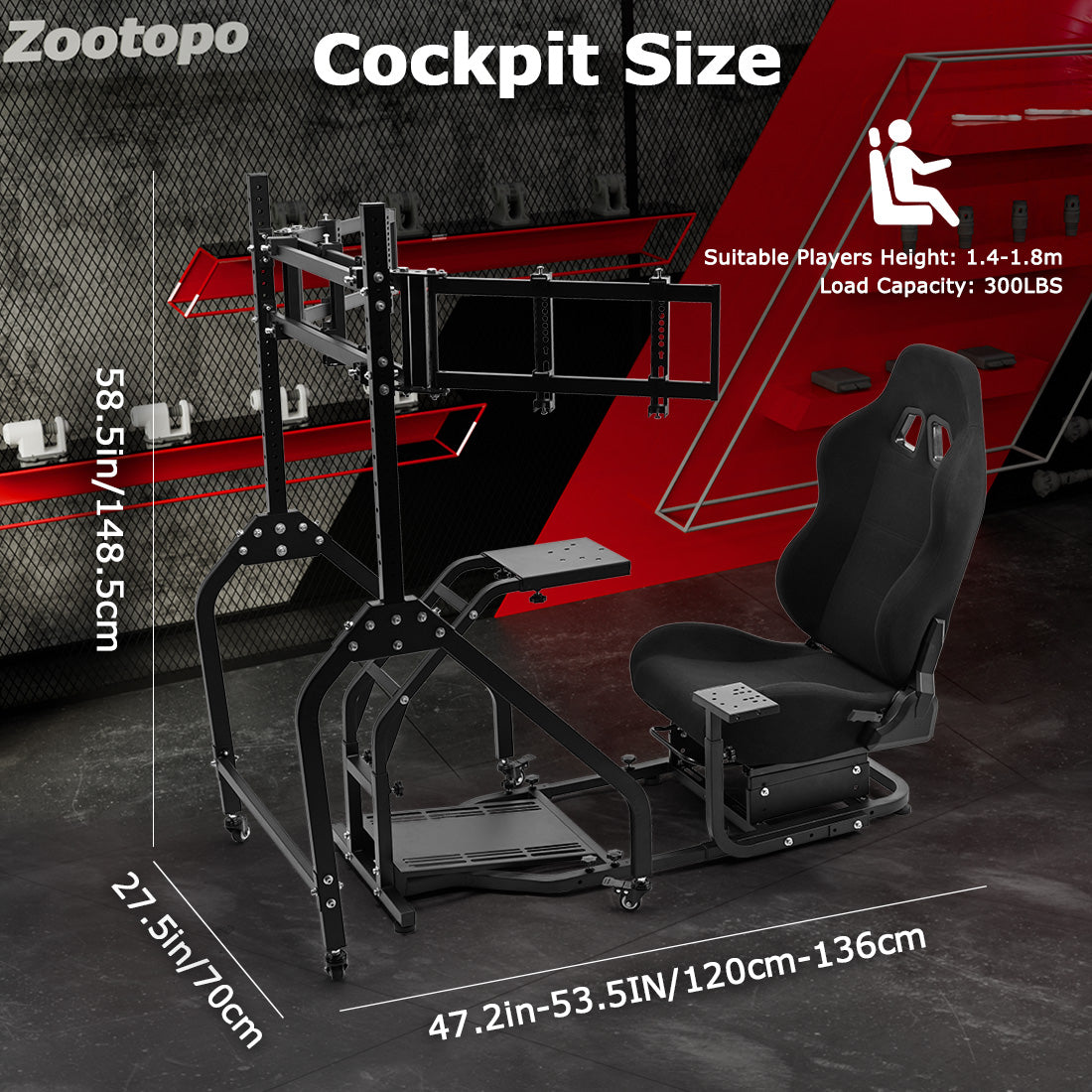 Zootopo Adjustable Racing Sim Cockpit with Black Seat Unobstructed Design for Both Legs Fit for Logitech/Thrustmaster G29 G923 G25 T80 T150 Racing Wheel Cockpit with Triple Monitor Stand Not Include Steering Wheel,Pedals,Handbrake