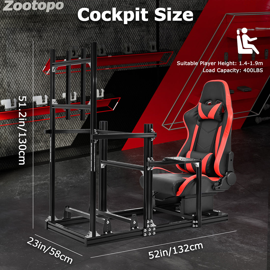 Zootopo Racing Simulator Cockpit with Red Seat and Monitor Mount, crafted from 3060 Aluminum Profile,Fit for Thrustmaster/Fanatec/Logitech G29 GPro, Unlimited Adjustment,Not Include Steering Wheel,Pedals,Handbrake
