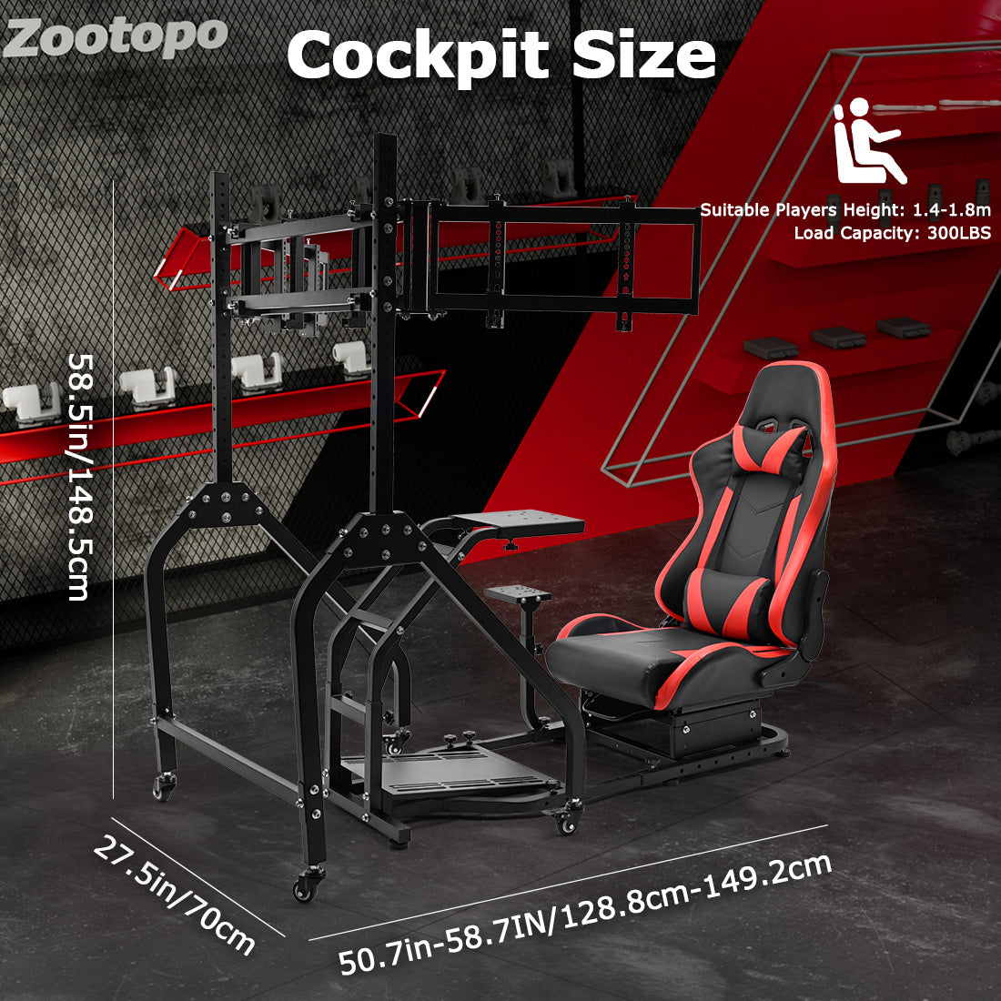 Zootopo Adjustable Racing Sim Cockpit with Red Seat Unobstructed Design for Both Legs Fit for Logitech/Thrustmaster G29 G923 G25 T80 T150 Racing Wheel Cockpit with Triple Monitor Stand Not Include Steering Wheel,Pedals,Handbrake