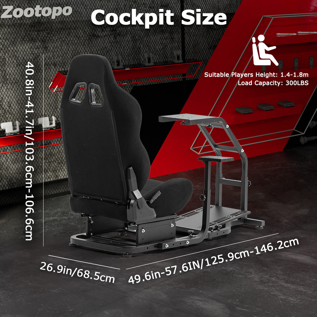 Zootopo Adjustable Racing Sim Cockpit with Red Seat Unobstructed Design for Both Legs Fit for Logitech/Thrustmaster G29 G923 G25 T80 T150 Racing Wheel Cockpit Not Include Steering Wheel,Pedals,Handbrake