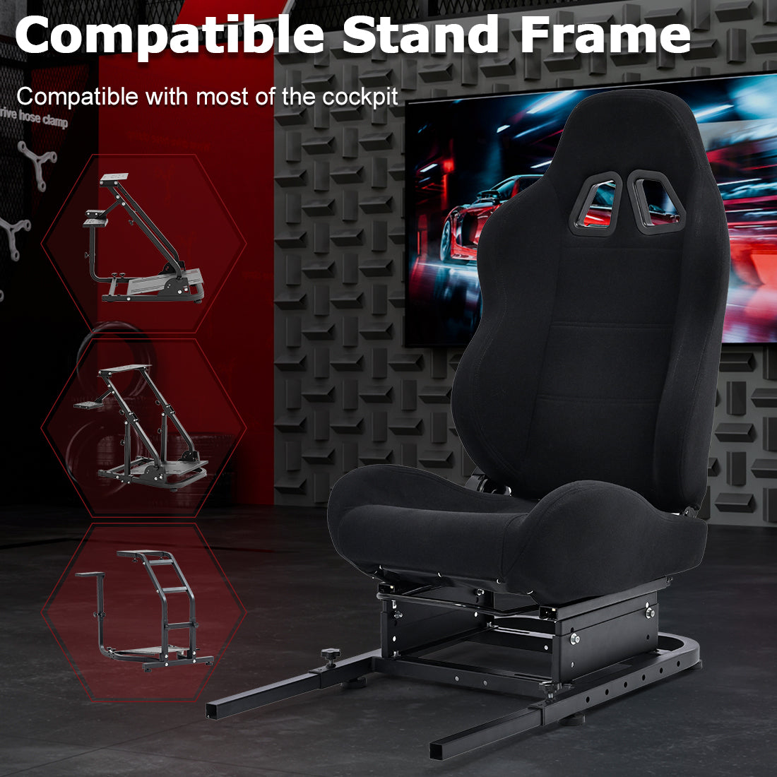 Zootopo Racing Simulator Cockpit with Black Seat, for Steering Wheel Stands, Double Locking Slides Cloth Breathable Gaming Seat,Add-On Stand