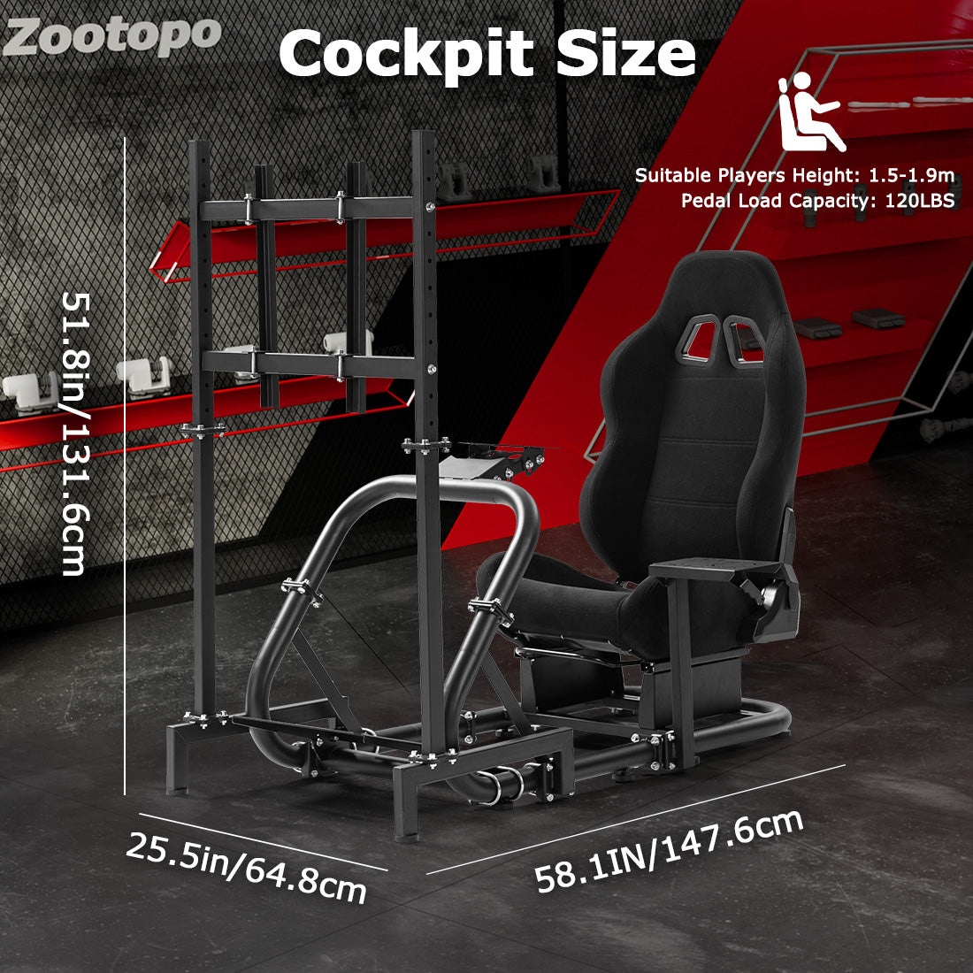 Zootopo Professional Racing Simulator Cockpit with TV Stand&Seat, Fit for Logitech G920/Thrustmaster/Moza, Streamlined Dual-arm Design, No Wheel, Pedals, Handbrake, and Monitor