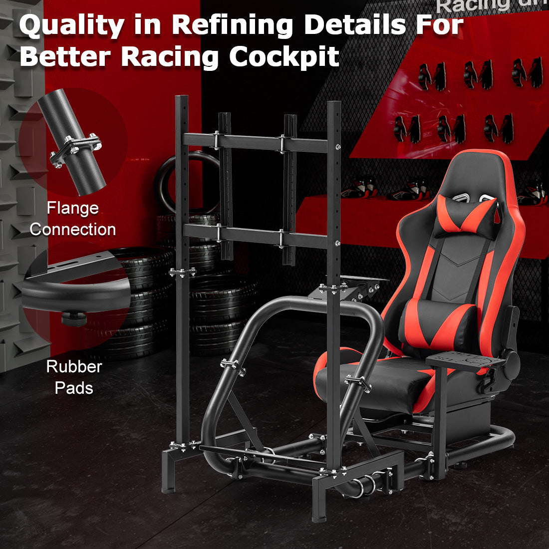 Zootopo Professional Racing Simulator Cockpit Frame with Red Seat&Monitor Stand, Fit for Logitech G920/Thrustmaster/Moza, Streamlined Dual-arm Design, No Wheel, Pedals, Handbrake and Monitor