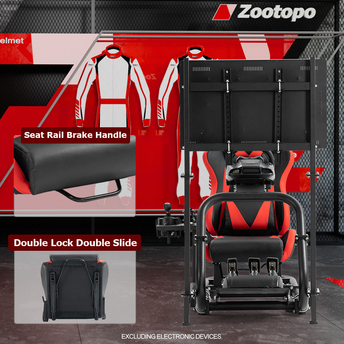Zootopo Professional Racing Simulator Cockpit Frame with Red Seat&Monitor Stand, Fit for Logitech G920/Thrustmaster/Moza, Streamlined Dual-arm Design, No Wheel, Pedals, Handbrake and Monitor